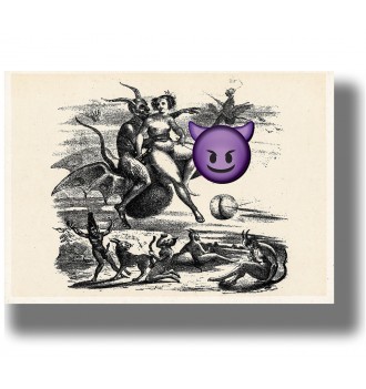 Black and white illustration showing a devil and a witch flying on a huge phallus, with small demons below.
