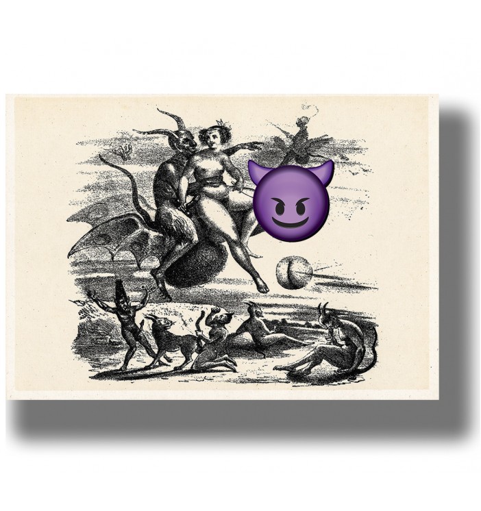 Black and white illustration showing a devil and a witch flying on a huge phallus, with small demons below.