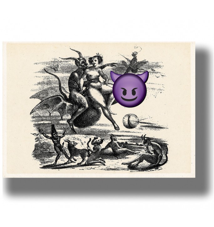 Black and white illustration showing a devil and a witch flying on a huge phallus, with small demons below.