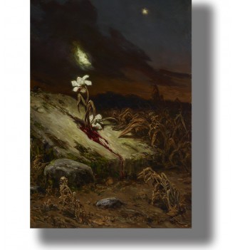 Dark grave with a white flower growing from the mound beneath a cloudy night sky and a single bright star.