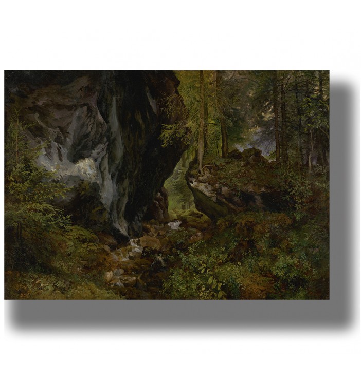 Painting of a deep forest with a rocky cliff, moss, and a small stream flowing between trees.