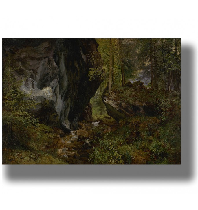 Painting of a deep forest with a rocky cliff, moss, and a small stream flowing between trees.