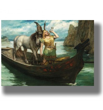 Mythological image of Heimdall blowing a horn in a boat with a horse beside him.