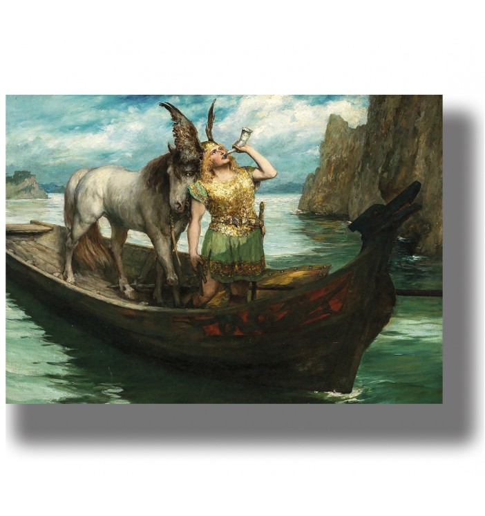 Mythological image of Heimdall blowing a horn in a boat with a horse beside him.