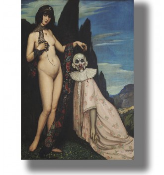 Nude woman standing beside a draped skull-faced puppet in a mountain landscape, symbolist gothic painting reproduction.