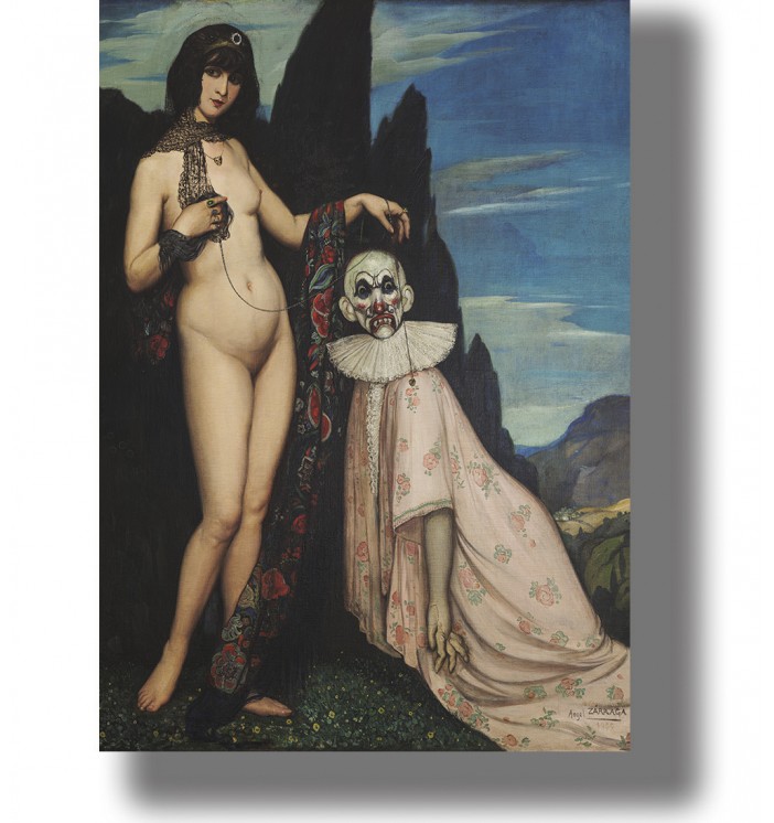 Nude woman standing beside a draped skull-faced puppet in a mountain landscape, symbolist gothic painting reproduction.