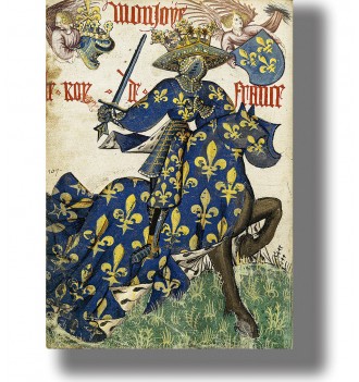 Medieval knight in blue fleur-de-lis armor riding a horse, vintage manuscript style