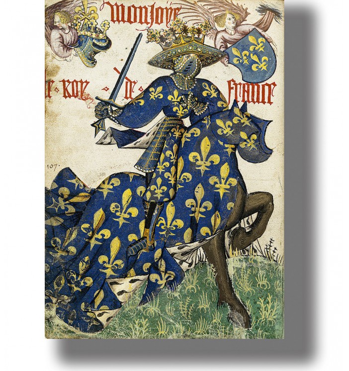 Medieval knight in blue fleur-de-lis armor riding a horse, vintage manuscript style