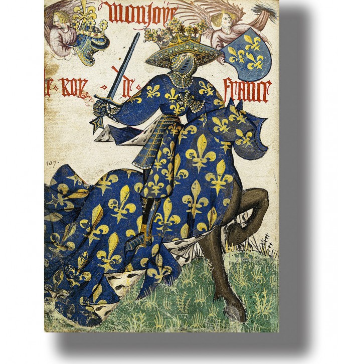 Medieval knight in blue fleur-de-lis armor riding a horse, vintage manuscript style