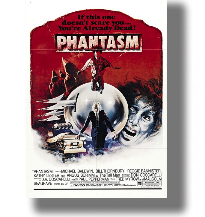 Phantasm 1979 movie poster with the Tall Man, silver sphere and red horror artwork