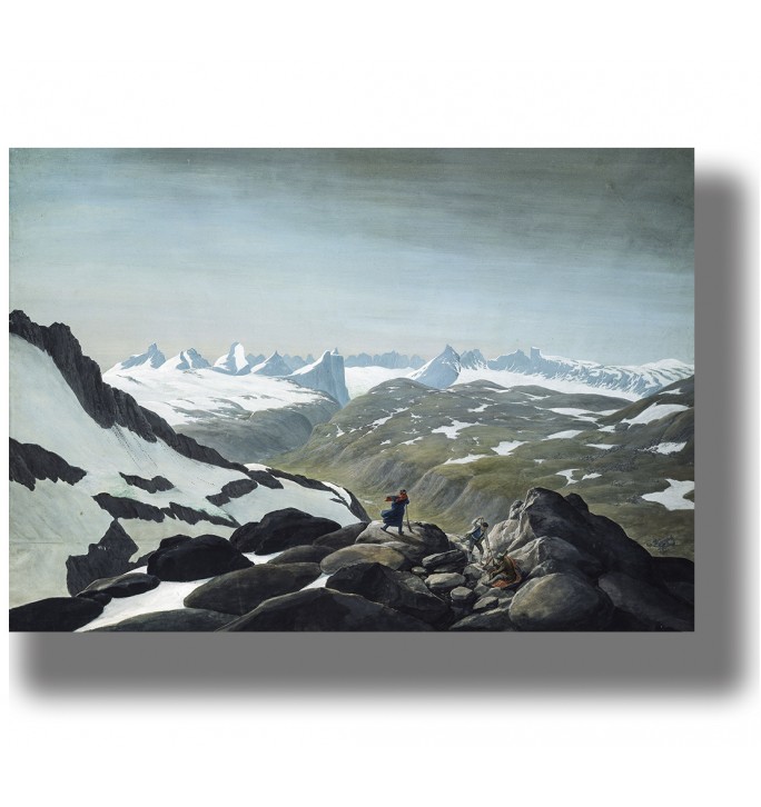 Snowy mountain panorama with rocky cliffs and small hikers looking out over Jotunheimen under a pale blue sky.