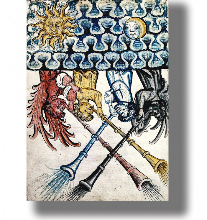 Medieval manuscript-style illustration of apocalyptic heralds blowing long trumpets beneath the sun and moon
