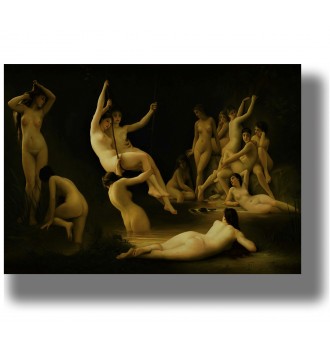 Classical painting of dancing nymphs with nude female figures gathered by the water at night