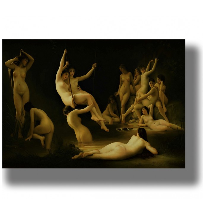 Classical painting of dancing nymphs with nude female figures gathered by the water at night