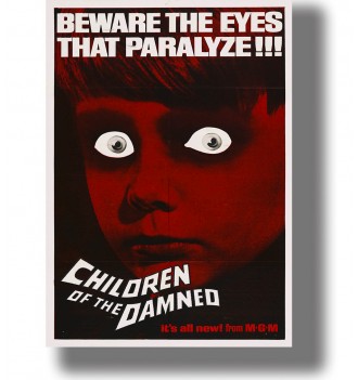 Red and black vintage movie poster with a child’s face, pale staring eyes and large Children of the Damned title lettering.