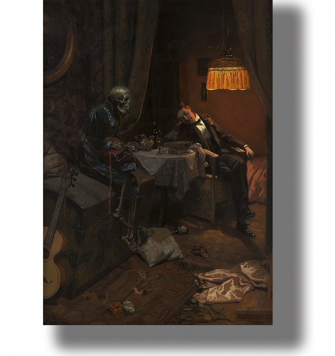 Dark painting showing a sleeping drunk man at a table while a skeleton beside him plays a stringed instrument.