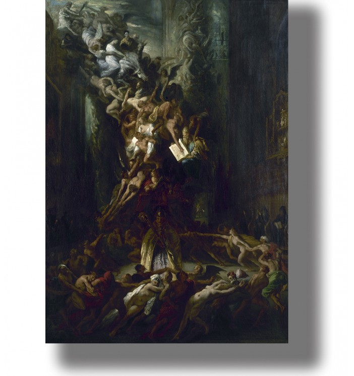 Romantic-era artwork of a witches’ sabbath with demons, naked figures, and the Devil in a dark interior.