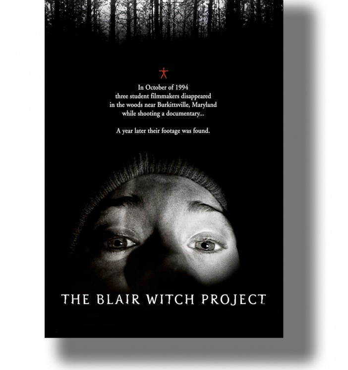 Black horror movie poster with a frightened face, forest silhouettes, red witch symbol, and the title The Blair Witch Project.