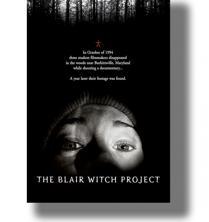 Black horror movie poster with a frightened face, forest silhouettes, red witch symbol, and the title The Blair Witch Project.