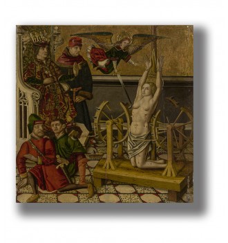 Gothic religious scene of Saint Catherine’s martyrdom with figures and Catherine wheels in a medieval altarpiece style.