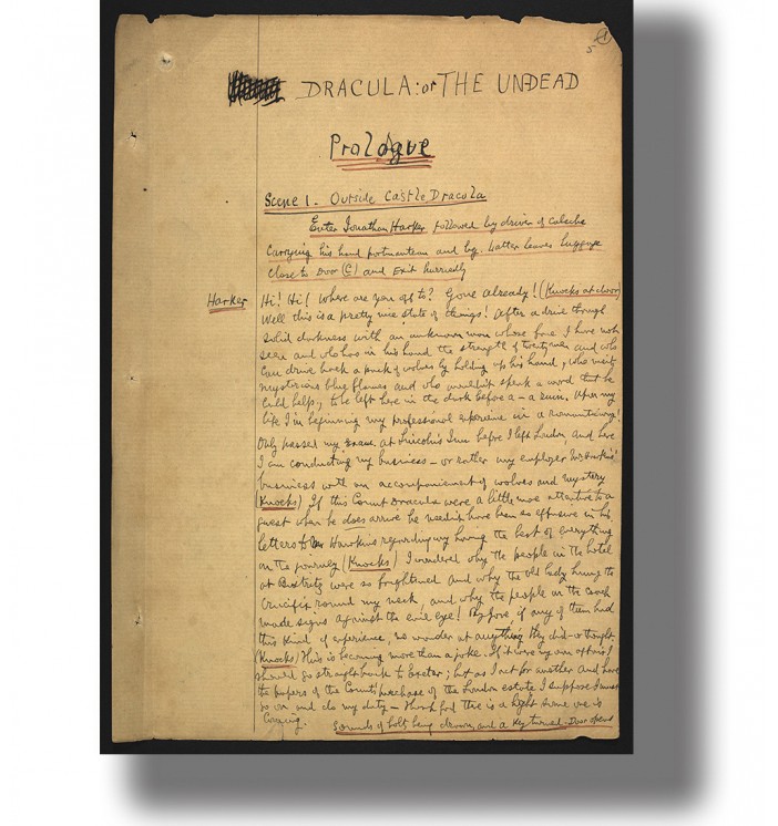 Aged handwritten manuscript page titled “Dracula: of the Undead,” with notes and dialogue in dark ink.