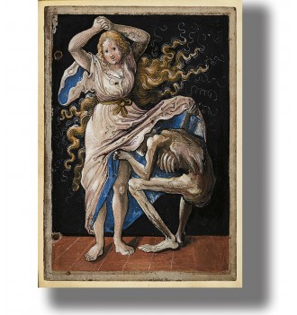 Old illustration showing Death as a skeleton grabbing the dress of a young woman.