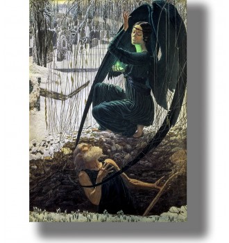 A dark angel with black wings kneels by an old gravedigger in a snowy cemetery in this Symbolist illustration by Carlos Schwabe.