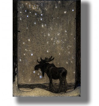Enchanted elk in a forest under a dreamy night sky, illustration by John Bauer.
