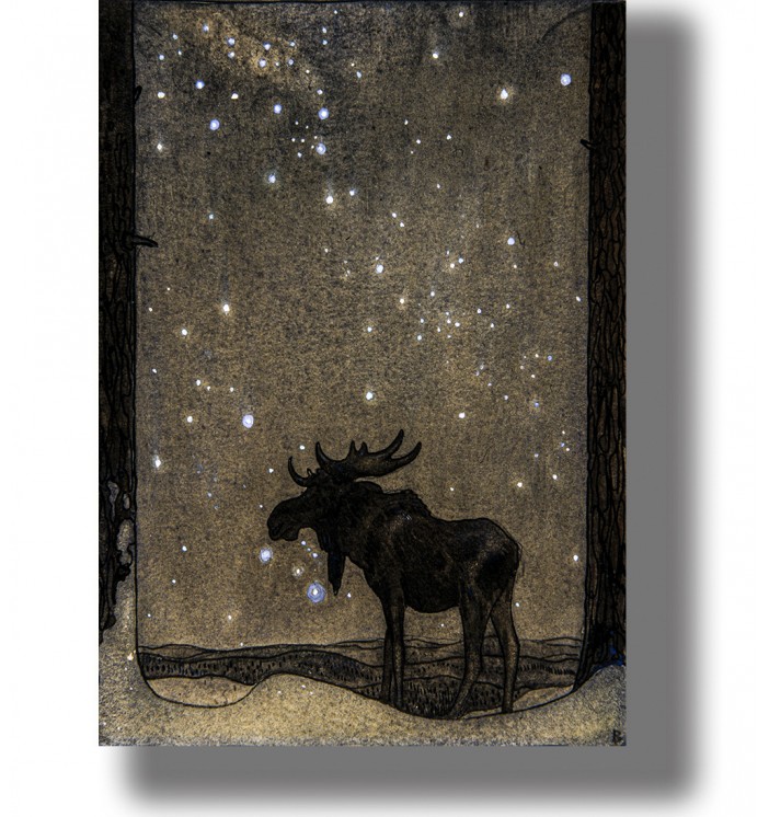 Enchanted elk in a forest under a dreamy night sky, illustration by John Bauer.