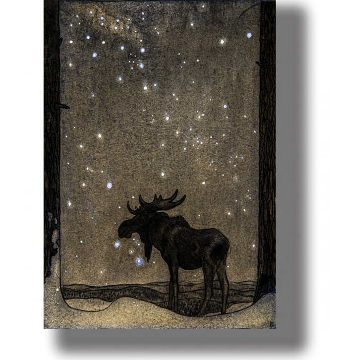 Enchanted elk in a forest under a dreamy night sky, illustration by John Bauer.