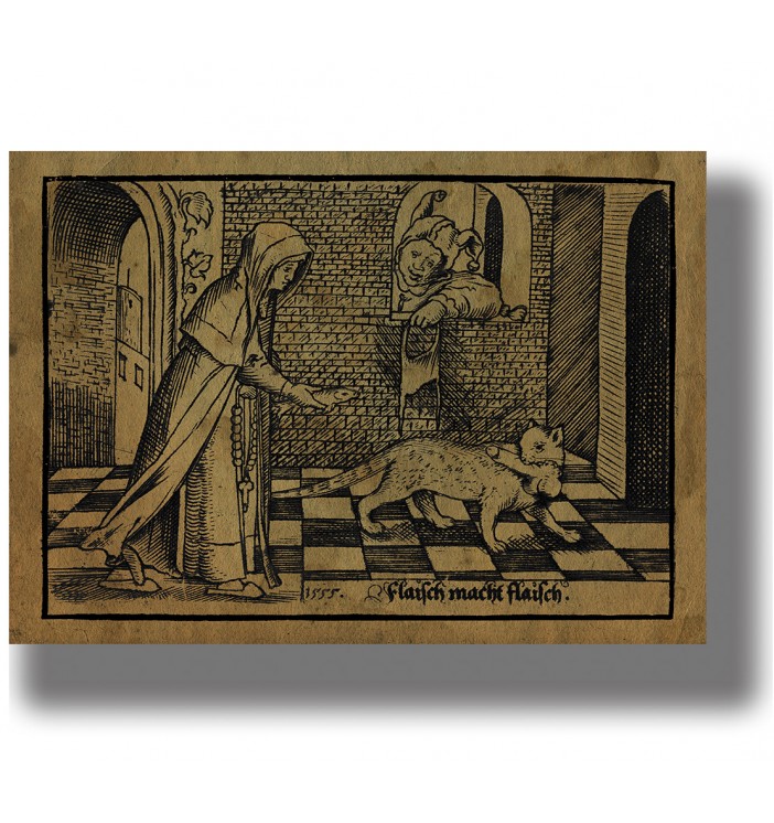 Antique-style medieval print showing a nun, a cat, and a humorous scene with phallic symbolism