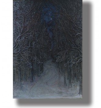 Atmospheric winter woodland artwork with a winding snow path and tall trees in moonlit blue tones.