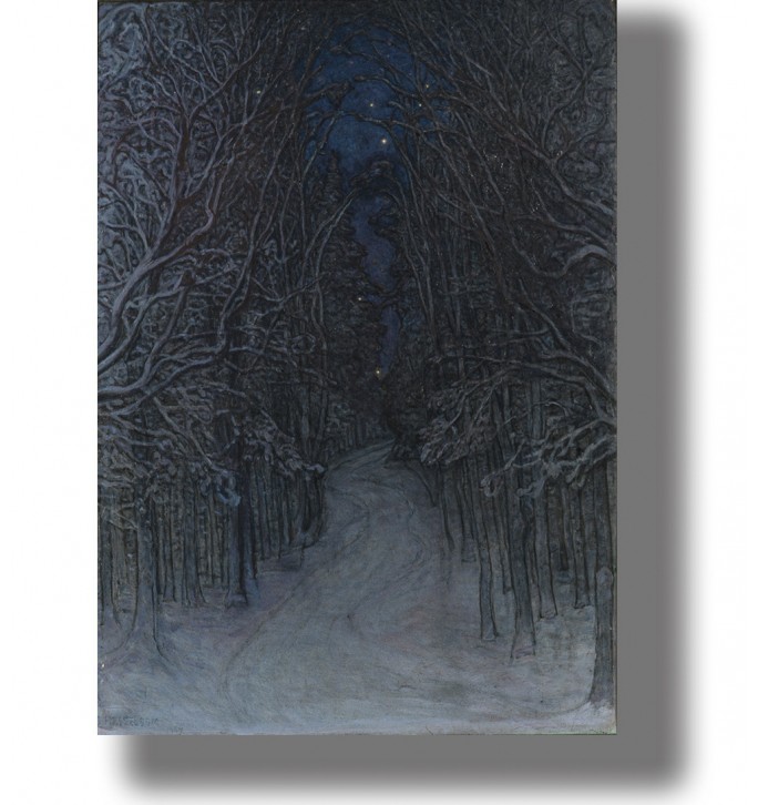 Atmospheric winter woodland artwork with a winding snow path and tall trees in moonlit blue tones.