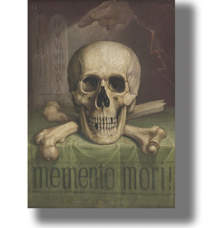Vintage-style painting of a human skull on crossed bones with the words “memento mori” below.