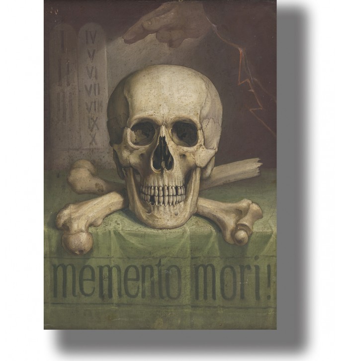 Vintage-style painting of a human skull on crossed bones with the words “memento mori” below.
