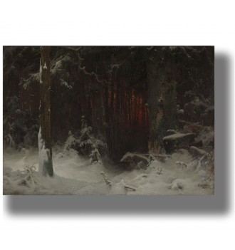 Snowy winter forest at dusk with dark trees and a warm red glow deep in the woods.