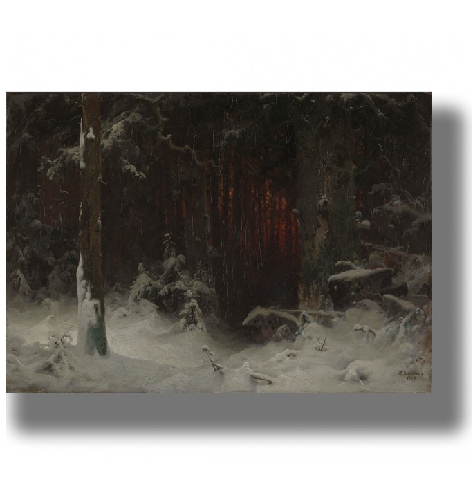 Snowy winter forest at dusk with dark trees and a warm red glow deep in the woods.