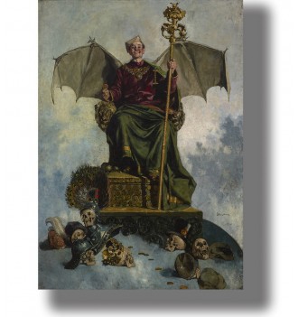 Painting of Satan seated on a throne with bat wings, a staff, skulls, armor, and fallen crowns around him.