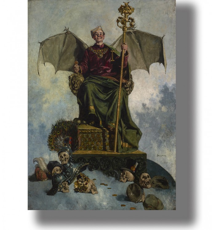 Painting of Satan seated on a throne with bat wings, a staff, skulls, armor, and fallen crowns around him.