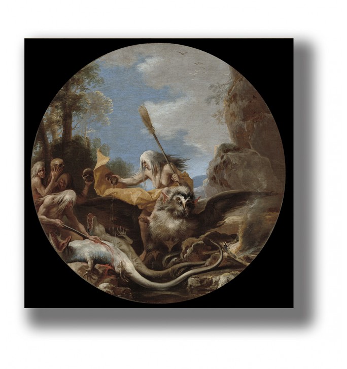 Baroque painting showing a witchcraft scene with witches, strange creatures, an owl-like figure, and a dead animal.