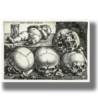 Four human skulls in the foreground with a sleeping child and hourglass behind them in an antique engraving.