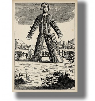 Vintage engraving of a giant wicker man figure with a ladder and people gathered around during a pagan ritual ceremony.
