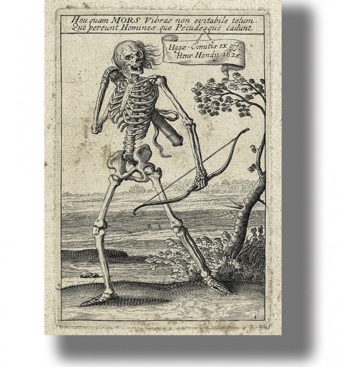 Vintage black-and-white engraving of a walking skeleton holding a bow and arrow.