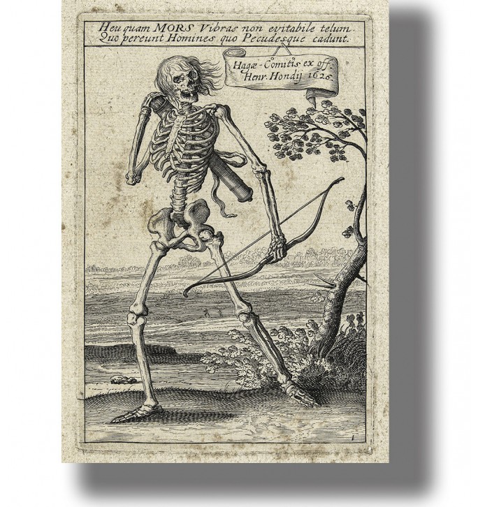 Vintage black-and-white engraving of a walking skeleton holding a bow and arrow.