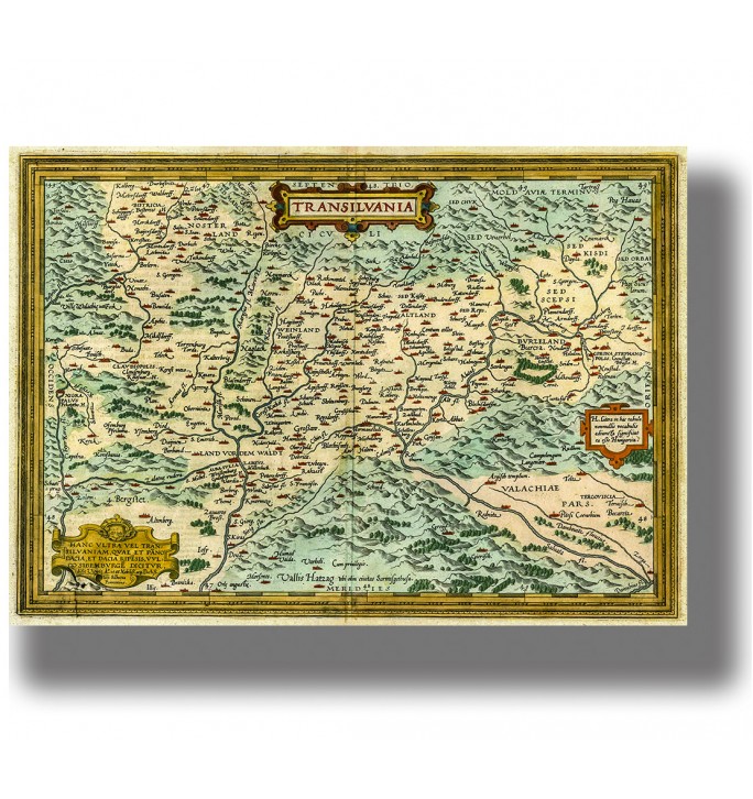 Vintage colored map of Transylvania with mountains and towns, antique cartographic illustration with a decorative border