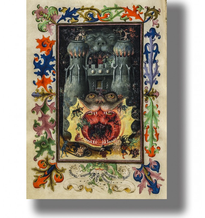 Medieval gothic illustration of the Mouth of Hell, a demon face with a wide open mouth swallowing tiny figures.