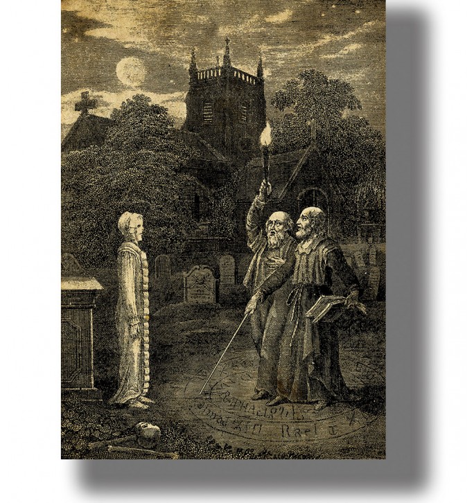 Vintage sepia engraving of John Dee and Edward Kelly summoning a female spirit in a moonlit graveyard near a church