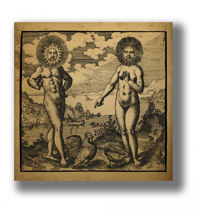 Vintage alchemical illustration of a nude man and woman with radiant sun halos, symbolizing solar and lunar union