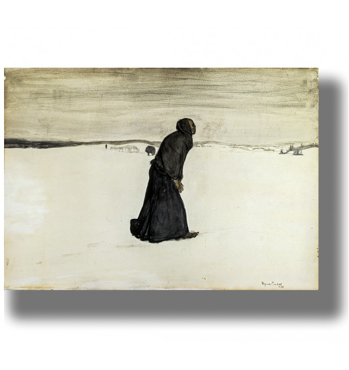 Dark symbolist illustration of a hooded figure walking through a snowy field, gloomy winter landscape wall decor