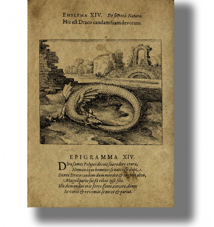 Vintage-style ouroboros illustration with a snake eating its tail, old engraved page layout, alchemy and esoteric wall decor